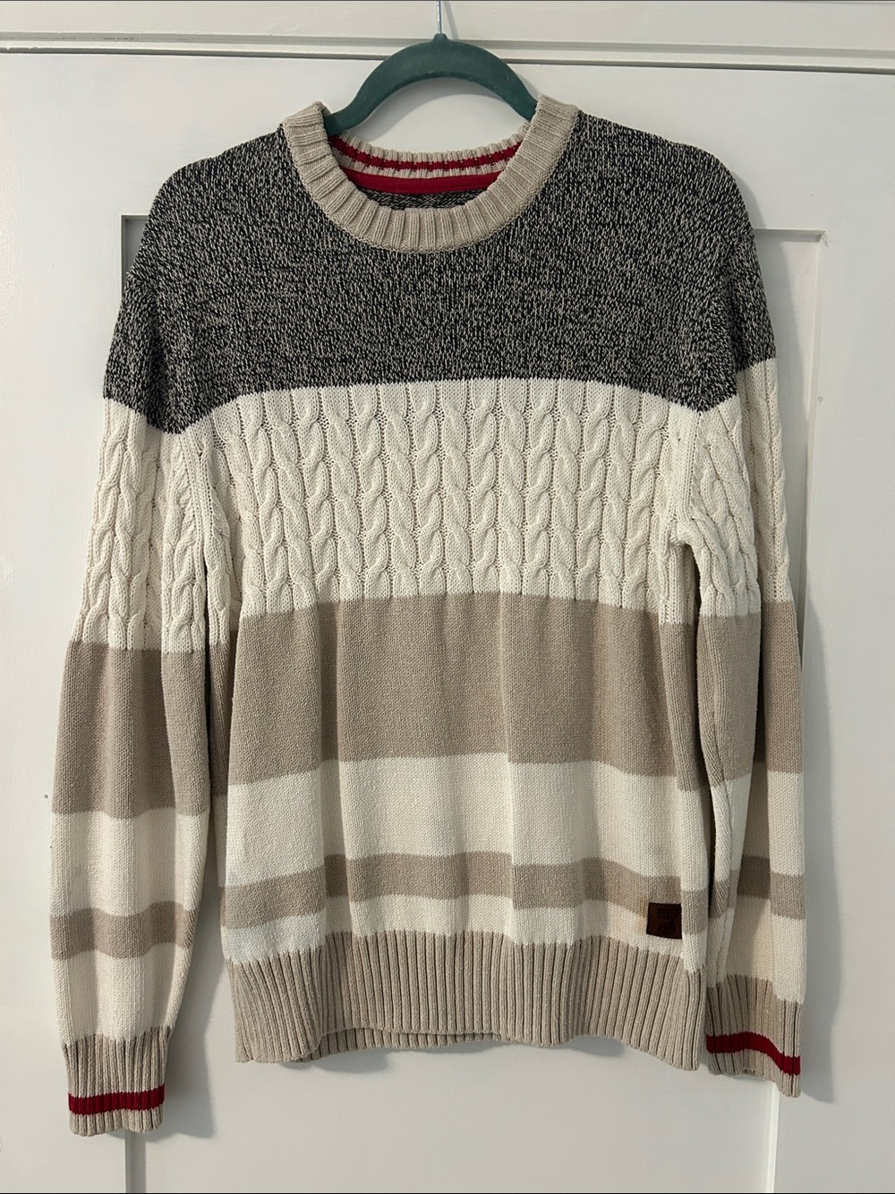 Men's Striped Cable-Knit Crewneck Sweater - Beige & White - Roots Cabin Edition
